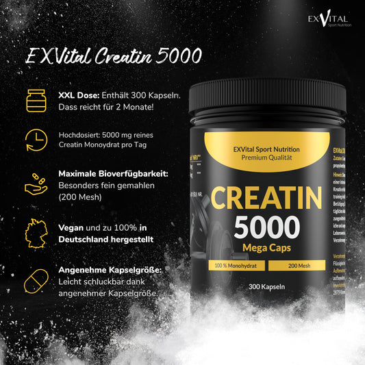 Creatin 5000 Mega Caps, 5000 mg Creatin Monohydrat pro Tagesdosis, 300 vegane Kapseln, 100% rein mit Mesh Faktor 200- Vegan & laborgeprüft